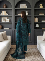 TEAL BLUE WITH BLACK WHITE Printed Premium Lawn with Voile Dupatta 3pc Suit (Unstitched)