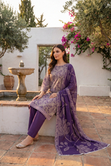 DEEP VOILET WITH CREAM Bana Dora Lawn Shirt with Plain dyed Trouser with Luxury Lawn Voile Dupatta 3Pc.(Unstitched)