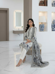 IVORY, BLACK & PEANUT BROWN Floral Digital Printed 3Pc suit with Luxury Voile Dupatta(Unstitched)
