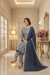 BLUE WITH HAZELNUT BASE Digital Printed Premium Lawn 3pc Suit (Unstitched)