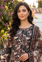IVORY WITH BLACK BROWN Bana Dora Lawn Shirt with Plain dyed Trouser with Luxury Lawn Voile Dupatta 3Pc.(Unstitched)
