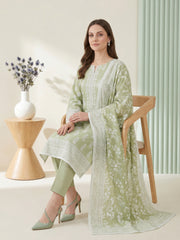 SAGE GREEN WITH WHITE BLOCK PRINTED Premium Classic Lawn 3pc Suit with Light Weight Voile Dupatta (Unstitched)