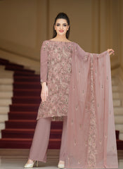 PEACHISH PINK & MEHNDI GREEN Chiffon Embroidered 3Pc Suit (Unstitched)
