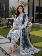 PEARL GRAY,BLUE & BLACK FLORAL DIGITAL PRINTED PREMIUM LAWN WITH FANCY DIAMOND DUPATTA 3Pc Suit (Unstitched)