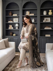 BASE LIGHT CREAM WITH MULTI  Printed Premium Lawn with Voile Dupatta 3pc Suit (Unstitched)
