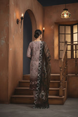 OYESTER  WITH BLACK BROWN Digital Printed 3Pc suit with Luxury Voile Dupatta(Unstitched)