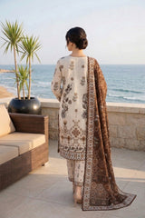 IVORY & BROWN PRINTED LAWN SUIT WITH VOILE DUPATTA 3Pc (Unstitched)