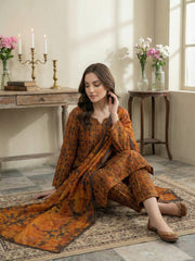 ORANGE & BLACK WITH MULTI PRINT Printed Premium Lawn Full Suit 3pc Suit (Unstitched)