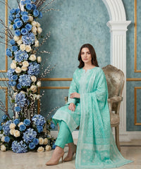 SPRING GREEN WITH IVORY Digital Printed 3Pc suit with Luxury Voile Dupatta(Unstitched)