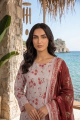 SEASHELL PINK,CLOSSY MARRON WITH MULTI PRINTED LAWN SUIT WITH VOILE DUPATTA 3Pc (Unstitched)