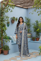 BASE LIGHT KHAKI GREEN WITH BLUE PRINT 3pc Premium Doria linen suit with linen dupatta (Unstitched)