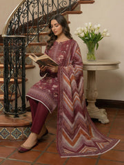 DARK MAGENTA WITH MULTI PRINT Digital Printed 3Pc suit with Luxury Voile Dupatta(Unstitched)