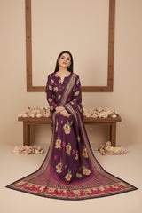 BASE EGGPLANT WITH MULTI PRINT 3pc Premium Doria linen suit with linen dupatta (Unstitched)