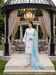 SHADES OF BLUE AND GOLD Digital AIR JET DOBBY DORIA SUPREME QUALITY COTTON with Light weight Pure Crinkle Digital Dupatta 3pc Suit (Unstitched)