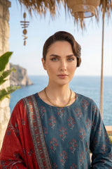 YALE BLUE & RED WITH MULTI  PRINTED LAWN SUIT WITH VOILE DUPATTA 3Pc (Unstitched)