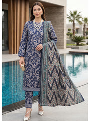 DARK BLUE WITH MULTI PRINTED LAWN SUIT WITH VOILE DUPATTA 3Pc (Unstitched)