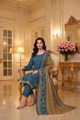 BLUE & MUSTARD MOTIFF Digital Printed Premium Lawn 3pc Suit (Unstitched)