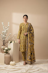 BASE OLIVE GREEN BLACK GRAY PRINT 3pc Premium Doria linen suit with linen dupatta (Unstitched)
