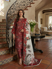 MAROON WITH MULTI PRINT Premium Quality Lawn 3pc Suit with Diamond Doria Dupatta (Unstitched)