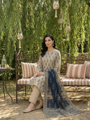 VANILA WITH BLUE Printed Premium Lawn Suit with Voile Dupatta 3pc (Unstitched)