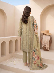 PALE OLIVE WITH MULTI PRINT Premium Classic Lawn 3pc Suit with Light Weight Voile Dupatta (Unstitched)