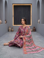 BASE WINE WITH MULTI PRINTED LAWN SUIT WITH VOILE DUPATTA 3Pc (Unstitched)