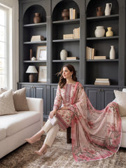 CORAL PEACH WITH MULTI Printed Premium Lawn with Voile Dupatta 3pc Suit (Unstitched)