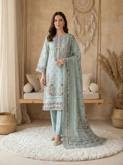 MINT GREEN WITH MULTI PRINT Premium Classic Lawn 3pc Suit with Light Weight Voile Dupatta (Unstitched)