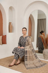 BLACK GRAY & PASTEL CREAM PRINTED LAWN SUIT WITH VOILE DUPATTA 3Pc (Unstitched)