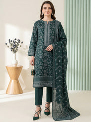 BOTTLE GREEN WITH WHITE BLOCK PRINTED Premium Classic Lawn 3pc Suit with Light Weight Voile Dupatta (Unstitched)