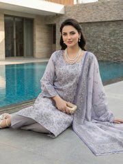 PURPLE GRAY PREMIUM QUALITY PRINTED SLUB LAWN SUIT WITH VOILE DUPATTA 3Pc (Unstitched)