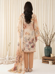 BEIGE WITH MULTI Digital Printed Premium Lawn with Light weight Voile Dupatta 3pc Suit (Unstitched)