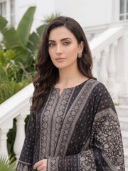 BLACK WHITE WITH GREEN Premium Classic Lawn 3pc Suit with Light Weight Voile Dupatta (Unstitched)