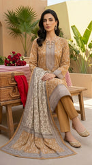 DARK MUSTURD & CREAM Premium Swiss Voile 3 PC Printed Suit (Unstitched)