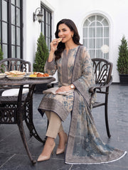 CREAM GREY WITH CAPRI BLUE Digital Printed 3Pc suit with Luxury Voile Dupatta(Unstitched)