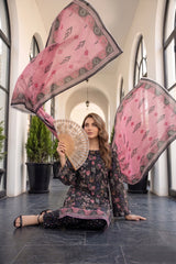 BLACK WITH MULTI Premium Digital Lawn Suit with Digital Voile Dupatta 3pc Suit (Unstitched)