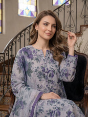 BASE LIGHT BLUE GRAY WITH PURPLE GREEN Digital Printed 3Pc suit with Luxury Voile Dupatta(Unstitched)
