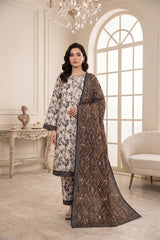 IVORY,BLACK & KHAKI PRINTED LAWN SUIT WITH VOILE DUPATTA 3Pc (Unstitched)