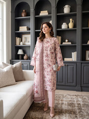 SOFT PINK WITH MULTI Printed Premium Lawn with Voile Dupatta 3pc Suit (Unstitched)