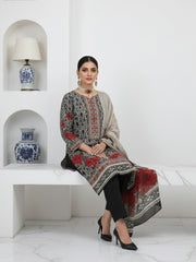 BASE LIGHT IVORY WITH BLACK GREEN & MAROON Floral Digital Printed 3Pc suit with Luxury Voile Dupatta(Unstitched)