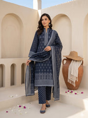 NIGHT BLUE BLOCK Printed Premium Lawn with Light weight Voile Dupatta 3pc Suit (Unstitched)