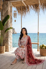 SEASHELL PINK,CLOSSY MARRON WITH MULTI PRINTED LAWN SUIT WITH VOILE DUPATTA 3Pc (Unstitched)