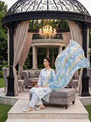 SHADES OF BLUE AND GOLD Digital AIR JET DOBBY DORIA SUPREME QUALITY COTTON with Light weight Pure Crinkle Digital Dupatta 3pc Suit (Unstitched)