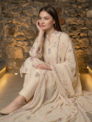 CREAM Chiffon Embroidered 3Pc Suit (Unstitched)