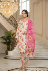 CREAM & HOT PINK WITH MULTI PRINT Printed Full Suit with Luxury ZARI Dupatta 3pc (Unstitched)