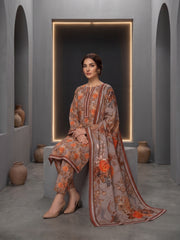 BASE ASH GRAY WITH ORANGE BROWN  PRINTED LAWN SUIT WITH VOILE DUPATTA 3Pc (Unstitched)