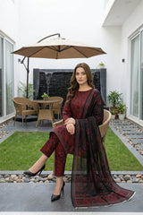 MARRON & BLACK Digital Printed Premium Lawn Full suit with Fancy Diamond Dupatta 3pc(Unstitched)