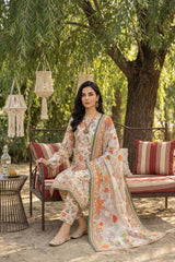 BASE IVORY WITH MULTI PRINT CAMBRIC LAWN SUIT WITH VOILE DUPATTA 3Pc (Unstitched)