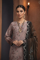 OYESTER  WITH BLACK BROWN Digital Printed 3Pc suit with Luxury Voile Dupatta(Unstitched)