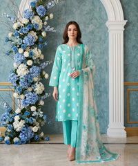 SPRING GREEN & CREAM Digital Printed 3Pc suit with Luxury Voile Dupatta(Unstitched)